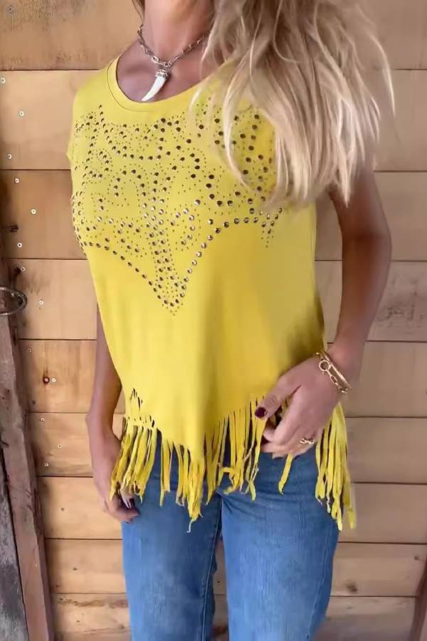 Rhinestone Fringe Crew Neck Short Sleeve T-Shirt