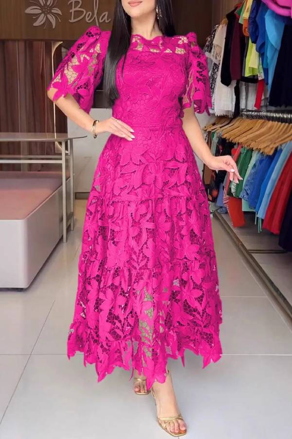 3D Floral Lace Midi Dress Ruffle Flutter Sleeve Tiered Cake Wedding Guest Gown