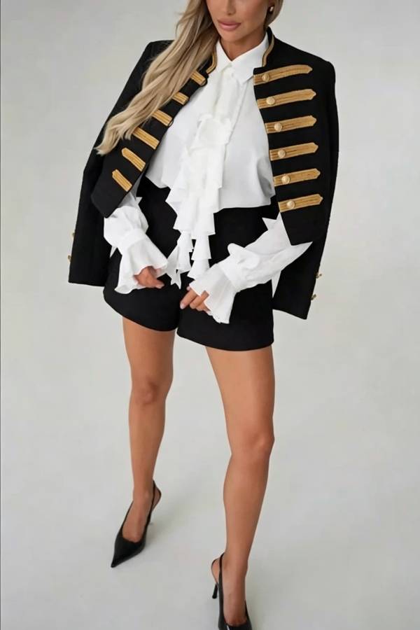Theatrical Gold-woven Trim Metal Buttons Long Sleeve Crop Jacket