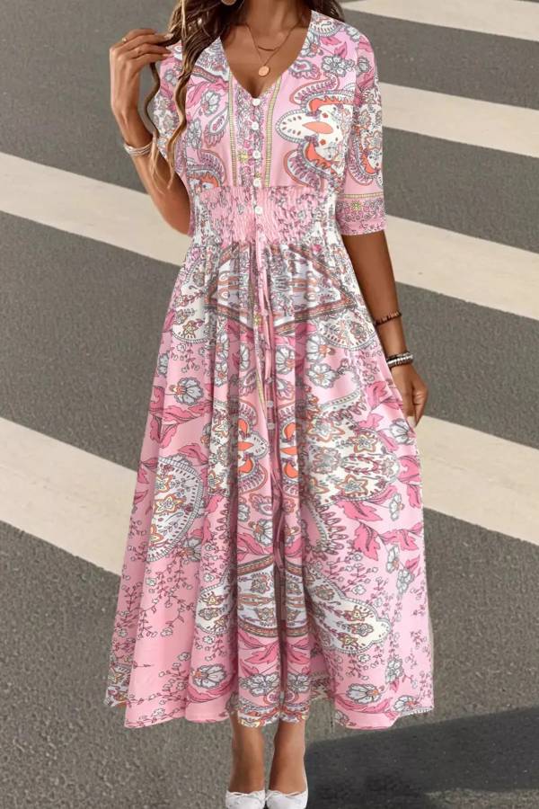 Smocked Printed Half Sleeve Dress