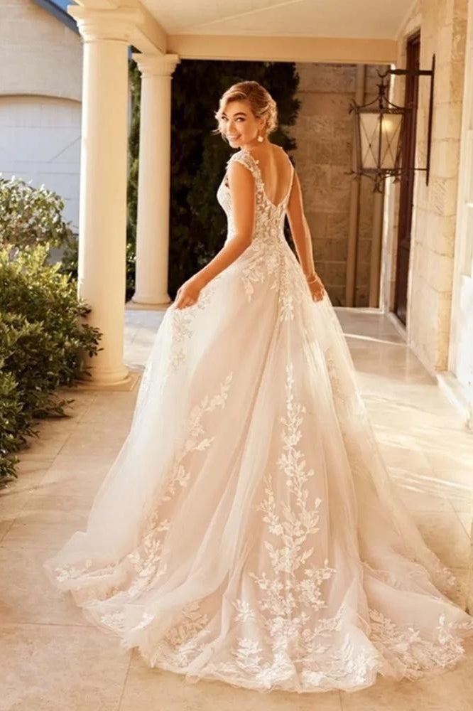 Sheer Mesh Lace Fit Flare Wedding Dress