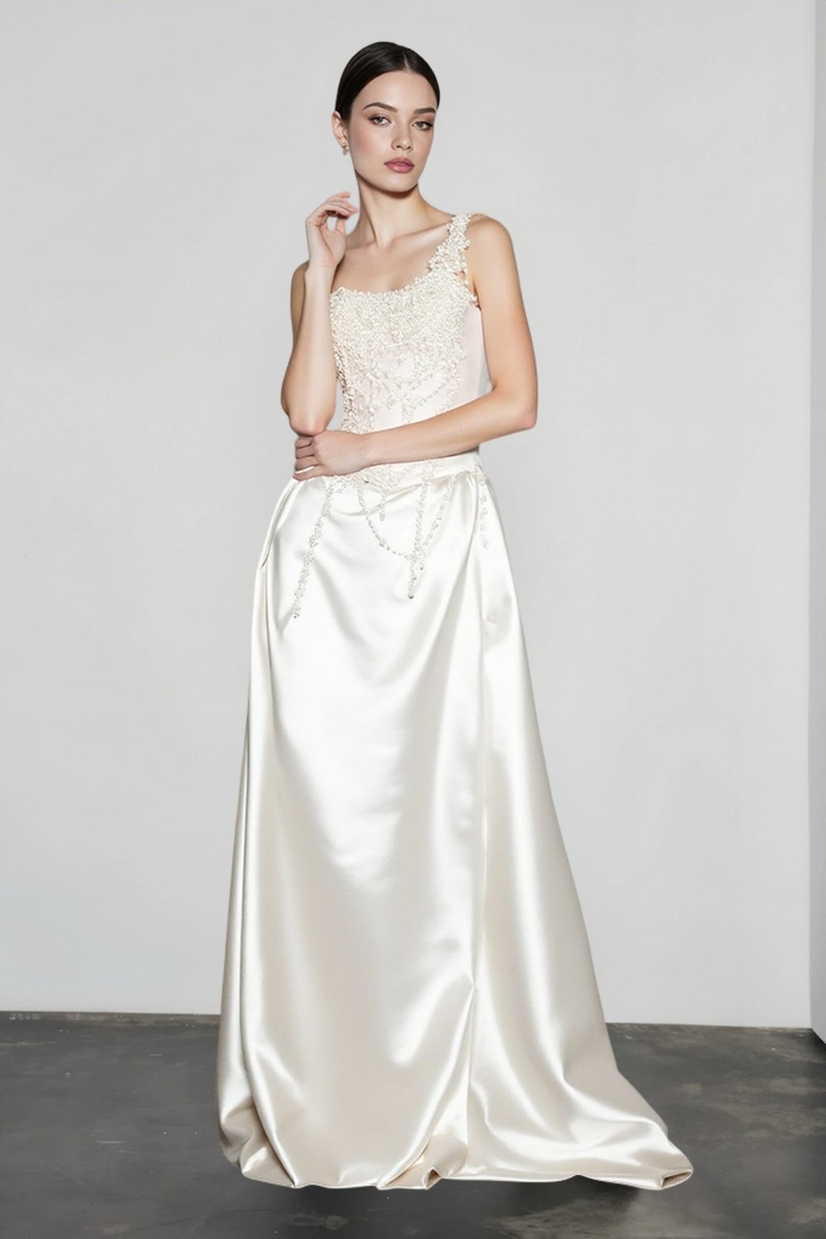 French Strapless Satin Pearl Prom Dress
