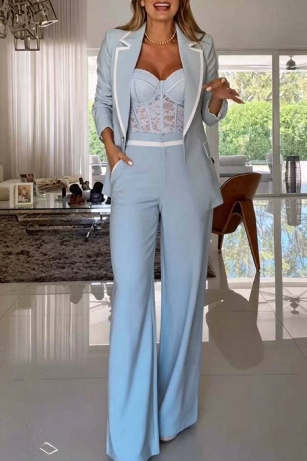 Timeless Essence Color Block Trim Button Up Long Sleeve Lapel Blazer