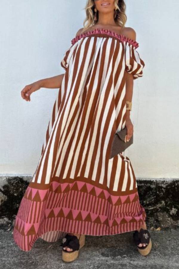 Off Shoulder Puff Sleeve Striped Geometric Print Loose Maxi Vacation Dress