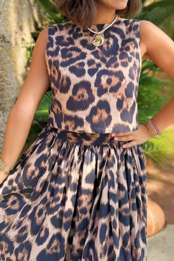 Leopard Print Sleeveless Crop Top & High-Waisted Maxi Skirt Two-Piece Set
