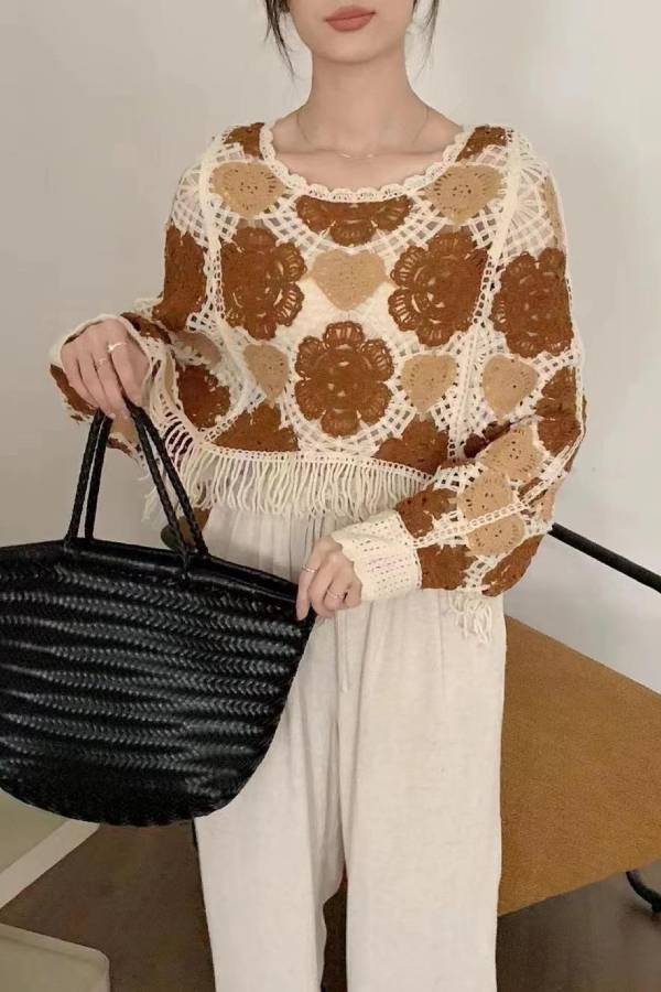 Color-blocked crochet openwork tassel cover-up