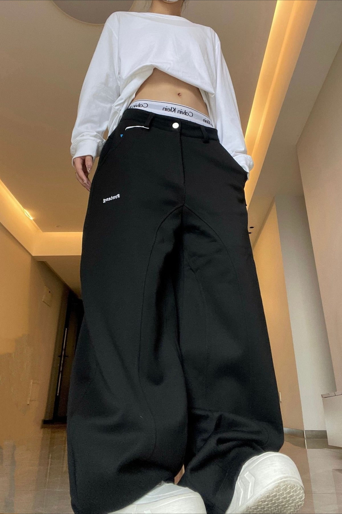 Vintage Letter Embroidered Baggy Curved Blade Pants