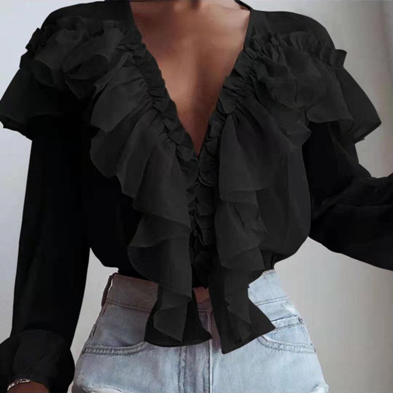 Loose-fit V-neck pullover chiffon shirt with ruffles
