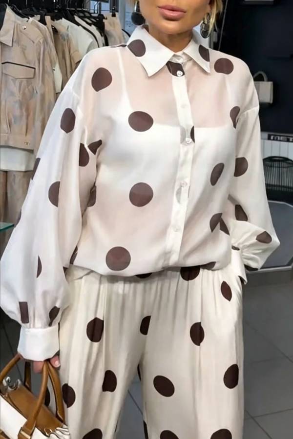 Grazia Polka Dot Sheer Long Balloon Sleeve Shirt and Elastic Waist Pocket Wide Leg Pants Set