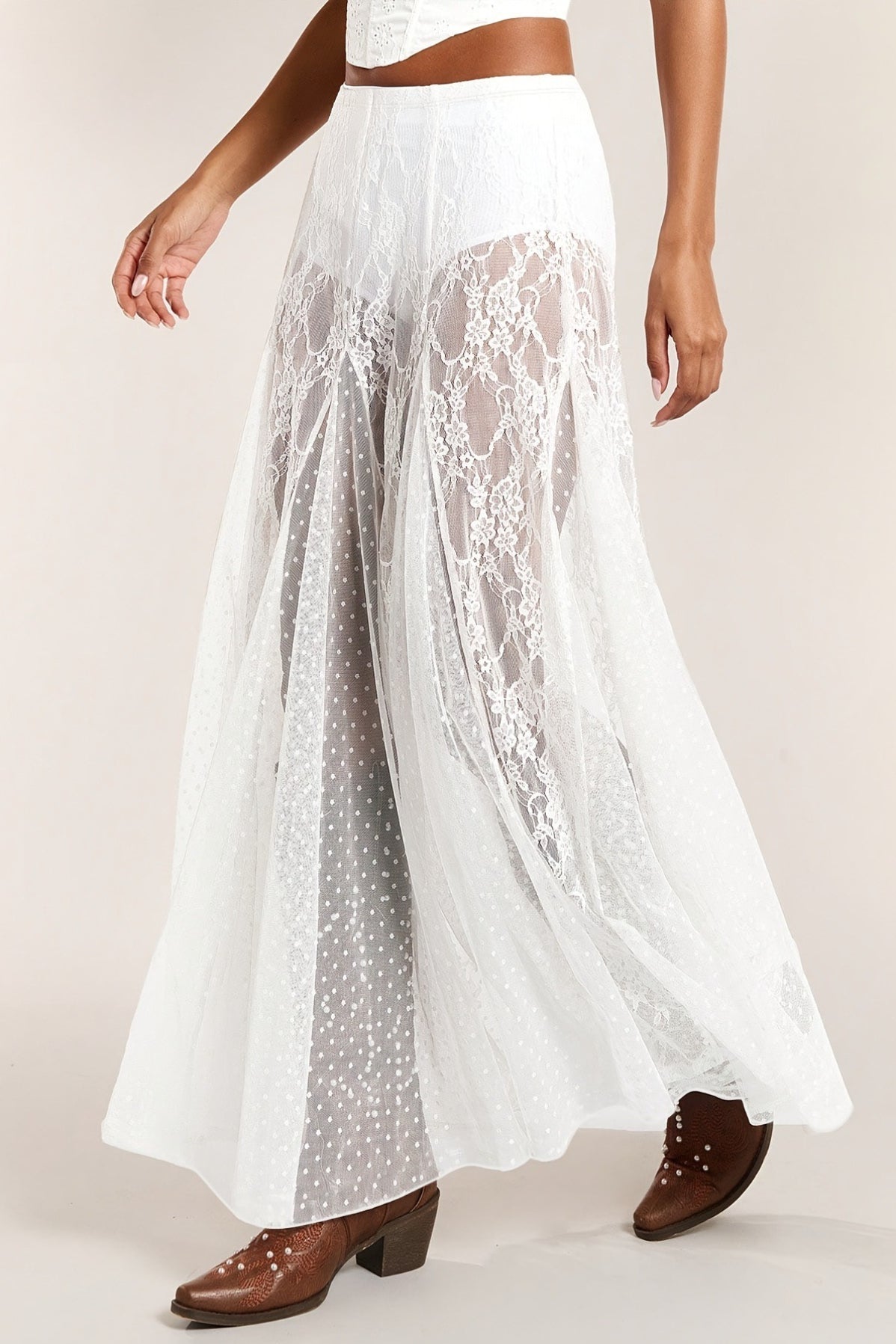 Lace Print Sheer Low Waist Maxi Boho Skirt