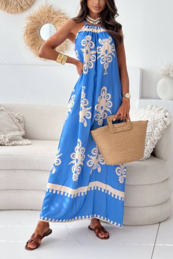 Boho Geometric Print Halter Maxi Dress