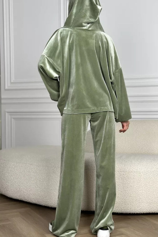 Velvet Zipper Hooded Pure Color Two -piece Suit