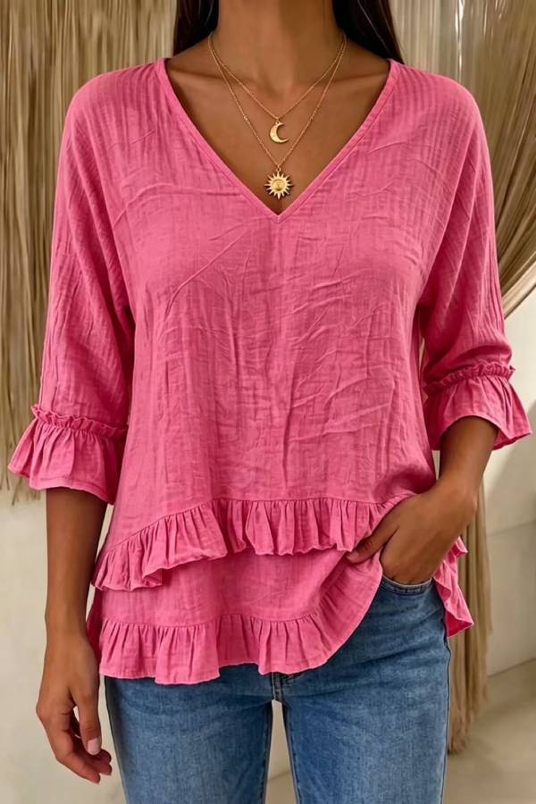 V-Neck Ruffle Hem Elbow Sleeve Blouse