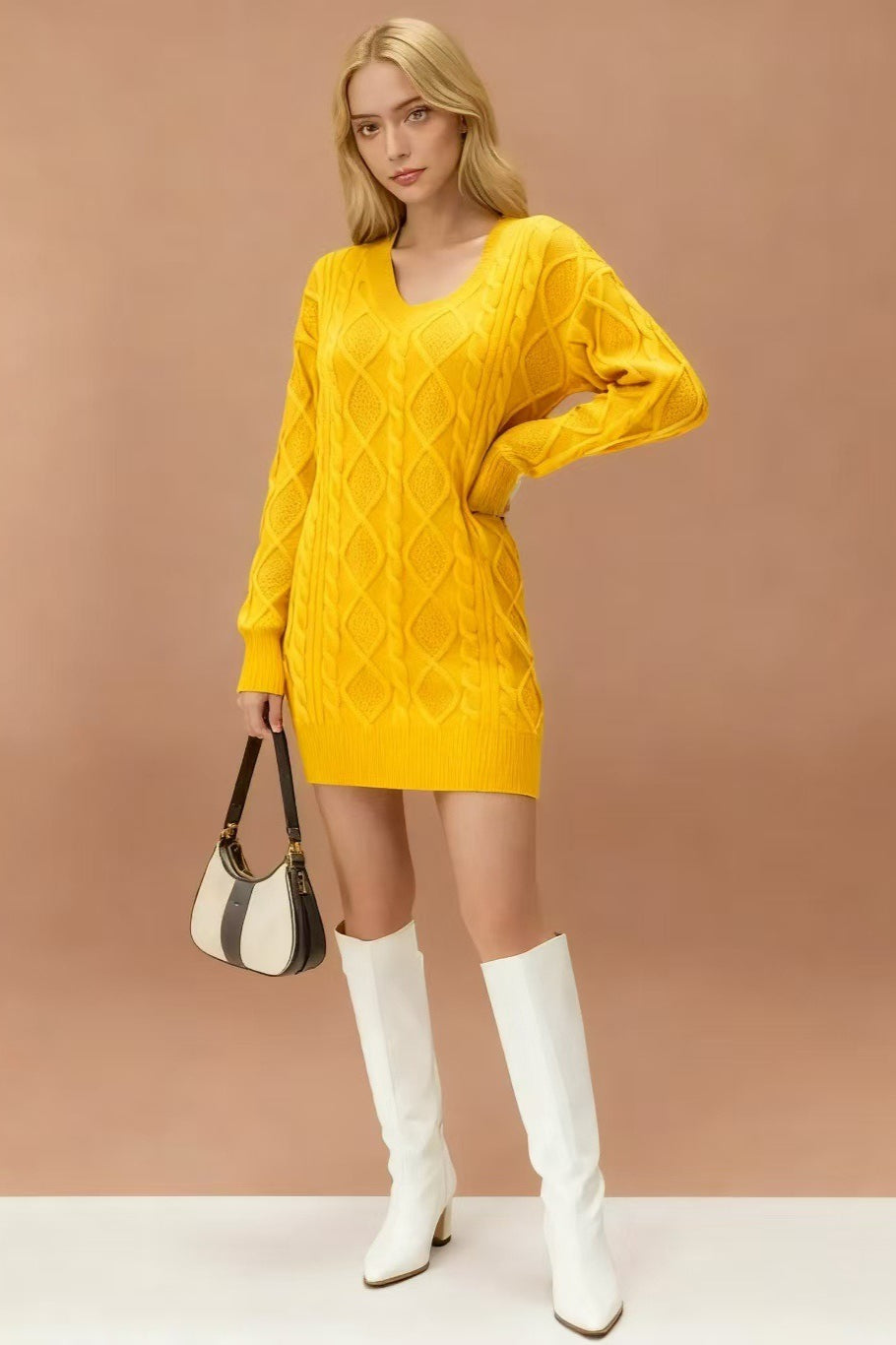V-Neck Cable Knit Sweater Dress