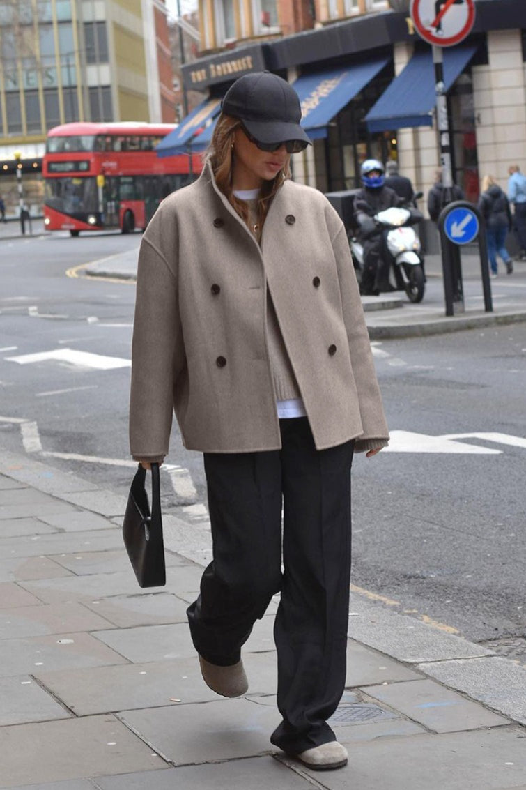 Brown Double Breasted Wool Blend Coat