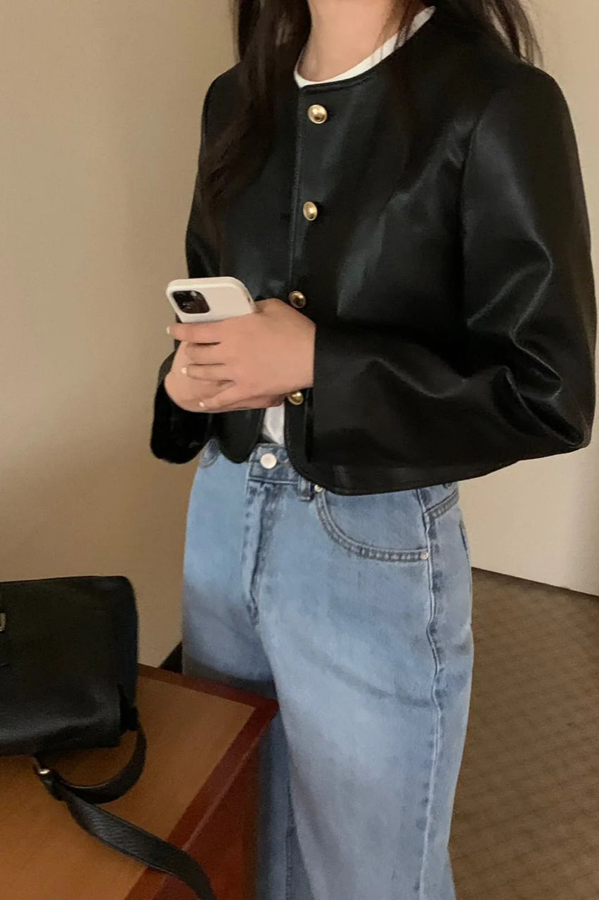 Retro O-Neck PU Leather Jacket