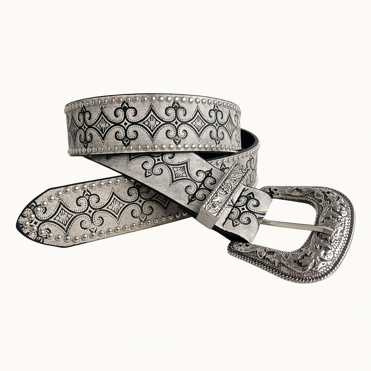 White Embossed Leather Retro Belt