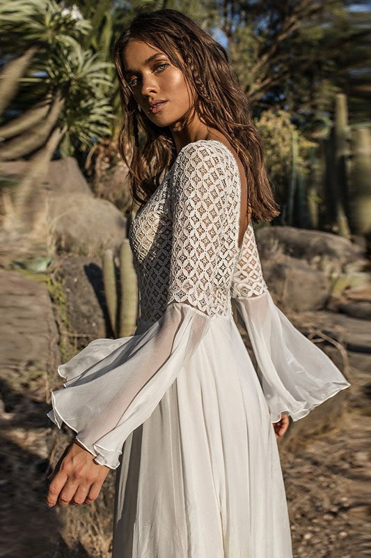 Lace Cutout Bell Sleeve Boho Dress