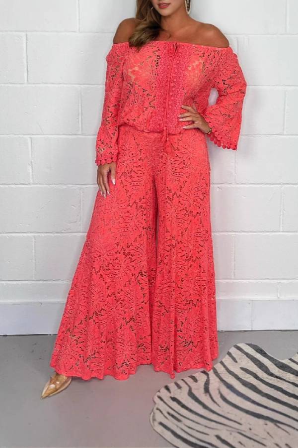 Multi-Color Lace Off-the-Shoulder Flare Sleeve Wide Leg Pants Set