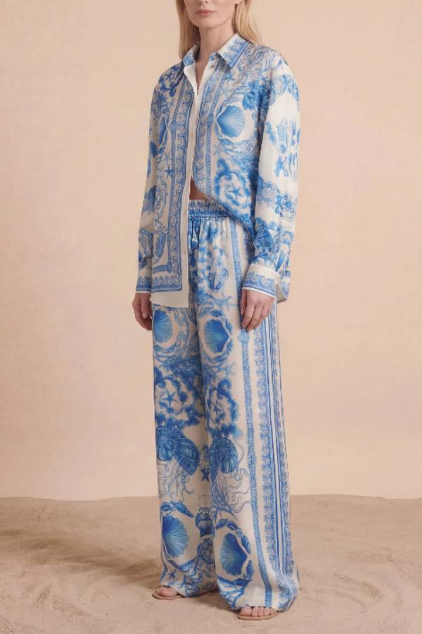 Ocean Shell Baroque Printed Satin Long Sleeve Shirt & Wide Leg Pants Vacation Two-Piece Set