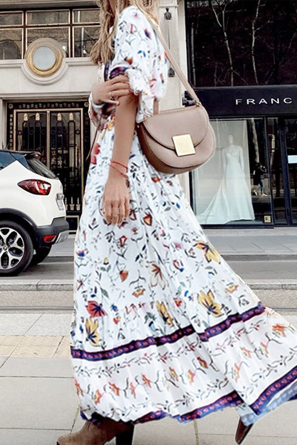 Lavender Flavor Printed Long Sleeve Button A-line Maxi Dress