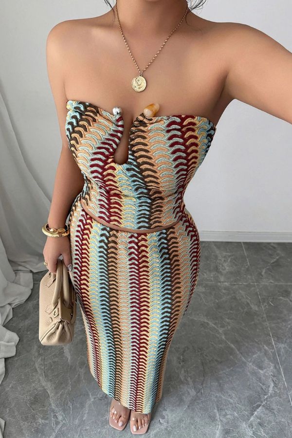 Playful Colorful Knitted Sexy Tube Top and Elegant Back Slit Midi Skirt Set