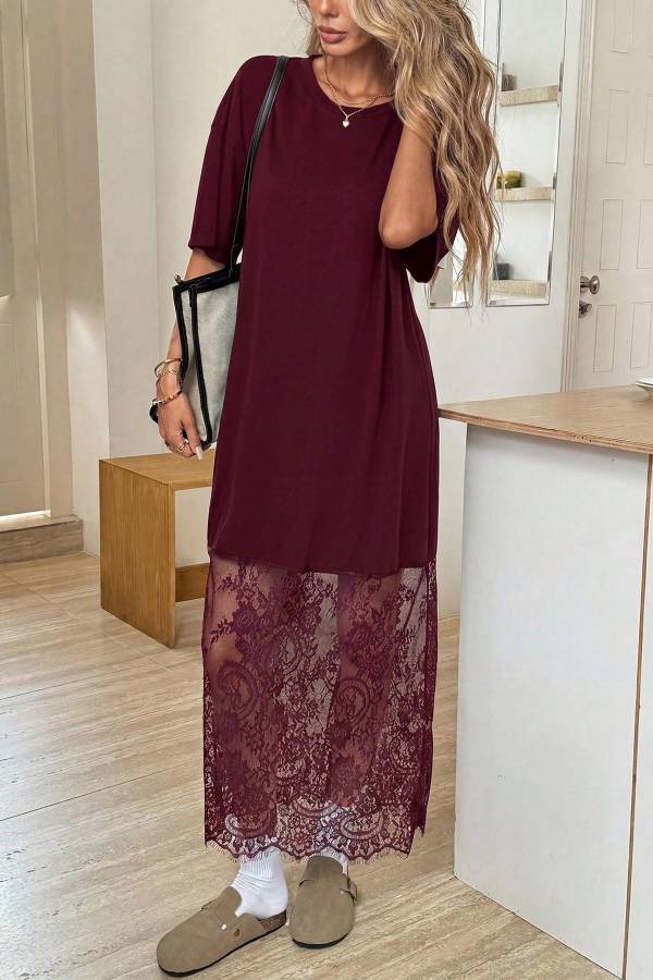 Lace Hem Patchwork Loose T-Shirt Dress