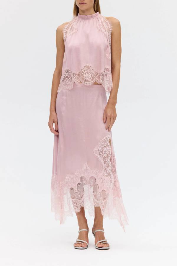 High Neck Sleeveless Lace Trim Satin Top & Slit Irregular Lace Midi Skirt Two Piece Set