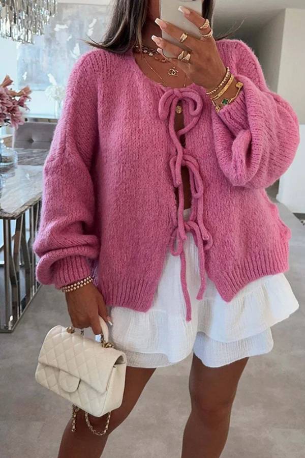 Stylish Solid Color Crew Neck Lace-up Sweater