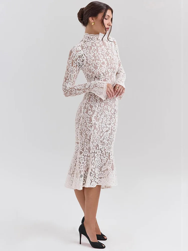 Elegant Lace Long Sleeve Bodycon Party Evening Dress Women 2025 New Autumn/Winter Tight Half High Neck Fishtail Dress