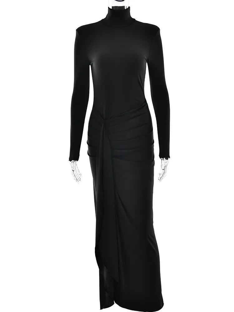 Elegant Long Sleeve Bodycon Party Club Women Evening Dress 2025 Autumn/Winter New Height Split Elastic Tight Vestido