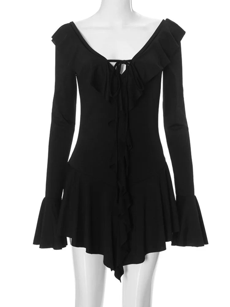 Sexy Deep V Ruffled Bodycon Short Skirt For Women Fall Ruffled Flared Sleeves Party Evening Dress Street Clothing
