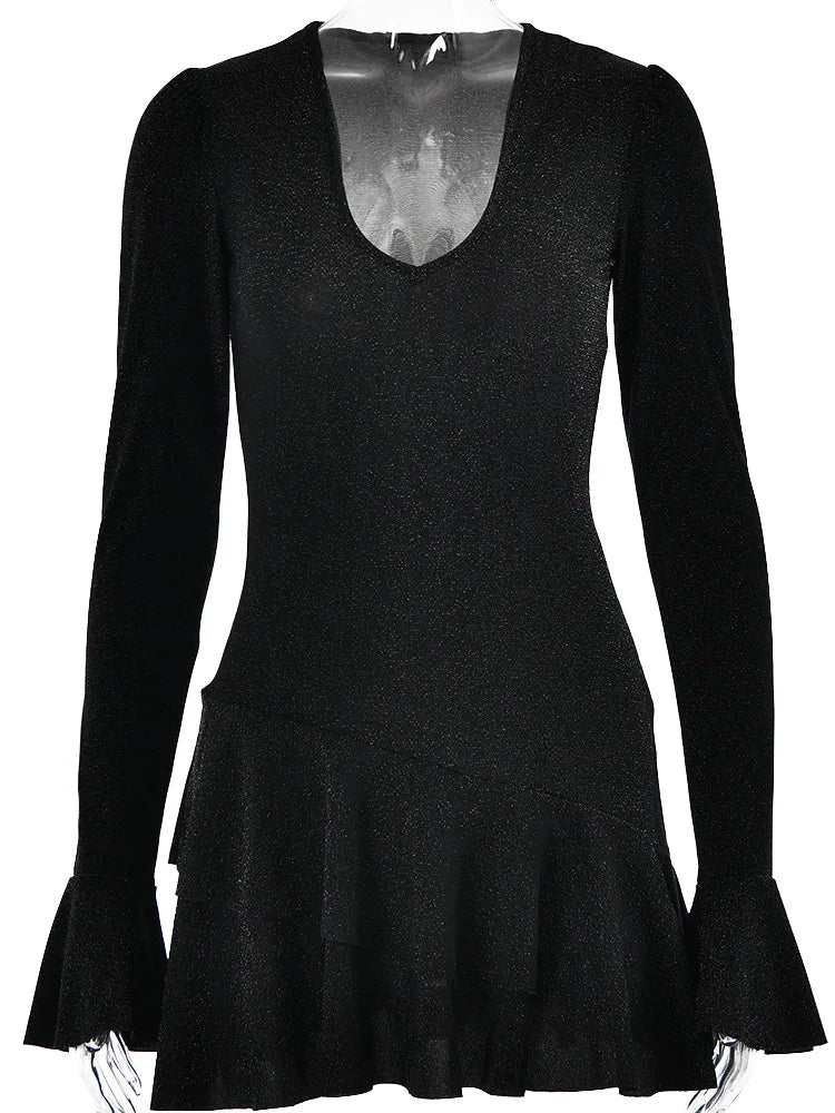 Sexy DeepV Brilliant Silk Long Sleeve Dress Women Ruffled Bodycon Mini Dress Female Tight Elegant Party Evening Vestidos