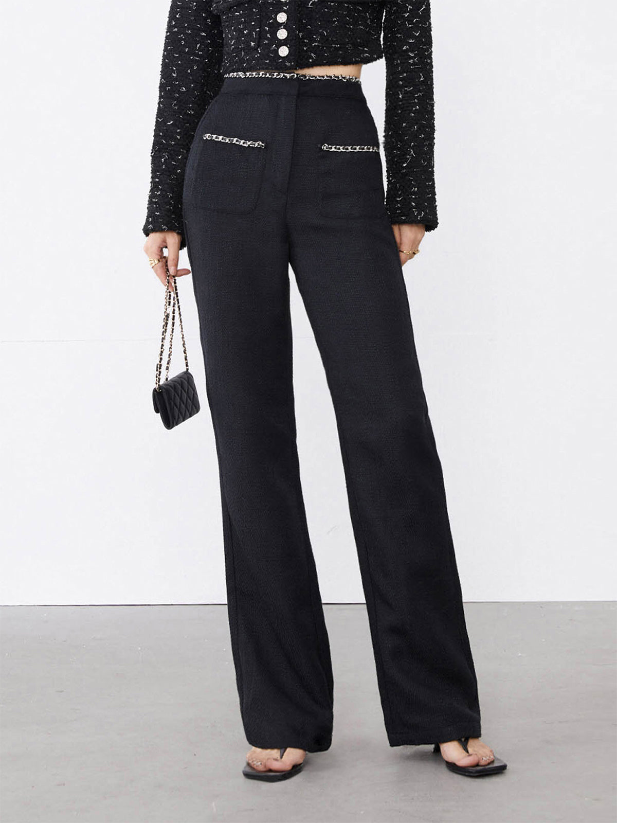 Tweed Contrast Trim Trendy Pocket Straight Leg Pants