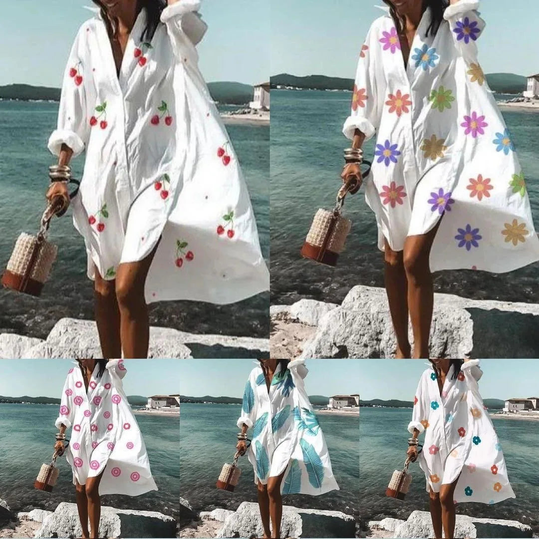 Color Flowers Printed Shirts Dresses Women Fashion Temperament Commuting Loose Midi Shirts Dress Lady Vestidos Spring Summer New