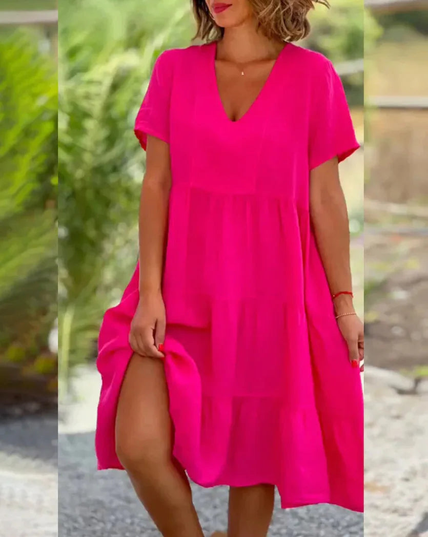 V-Neck Short Sleeve Tiered Swing Midi Dress