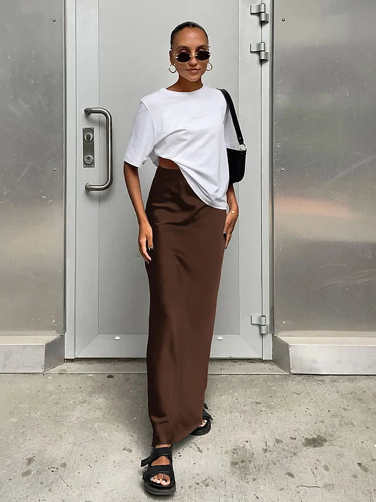 Elegant Satin Black Trumpet Skirts Fashion Slim High Waist Skirts Women Female 2025 Solid Office Long Skirt Spring Summer