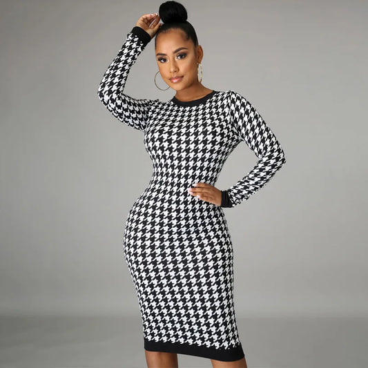 Houndstooth Print Women Long Sleeve Midi Dress Hollow Out Bodycon Sexy Streetwear 2025 Autumn Winter Club Elegant Slim