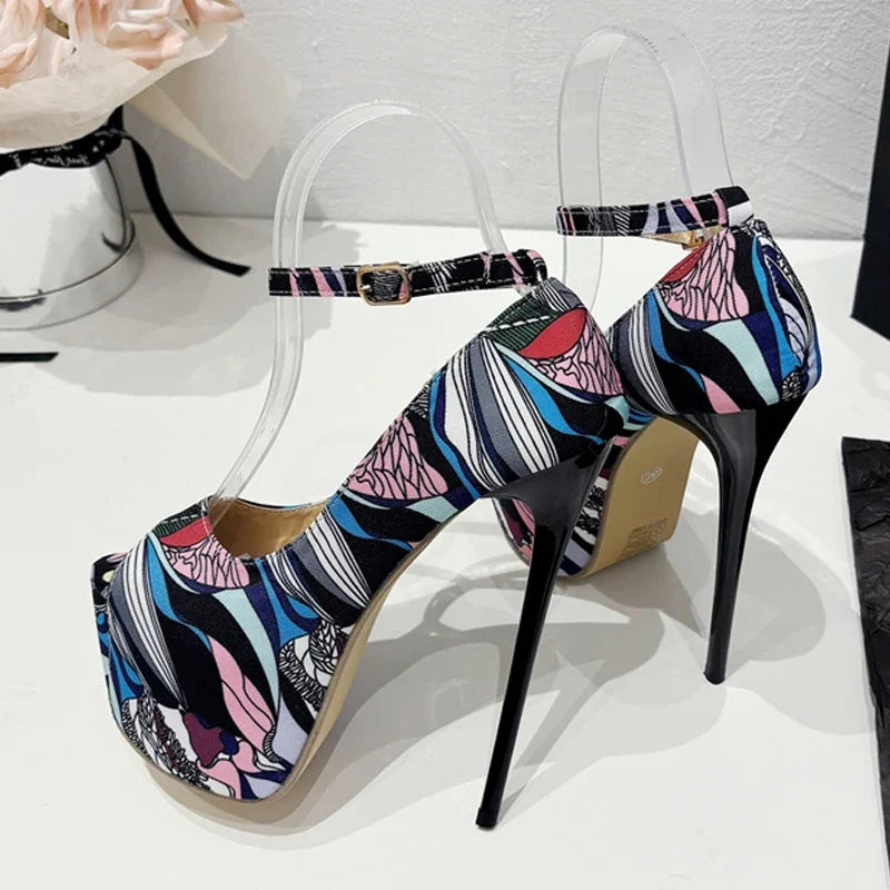 Trendy Hand-Painted Leather Platform Peep Toe Strip High Heel