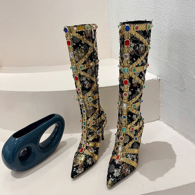 Runway Fashion Color Gem Knee High Handwork Pointed Toe High Heel