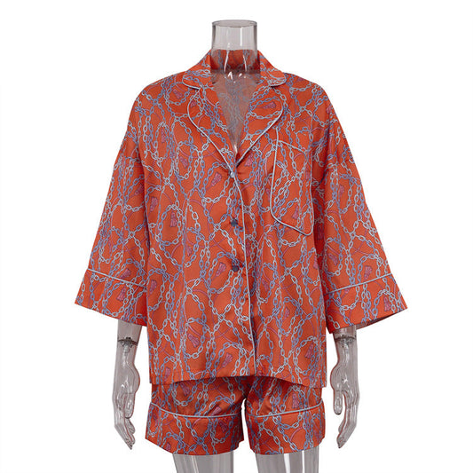 Printed Casual Women Collared Three Quarter Length Sleeves Cardigan Top High Waist Shorts Two Piece Sets