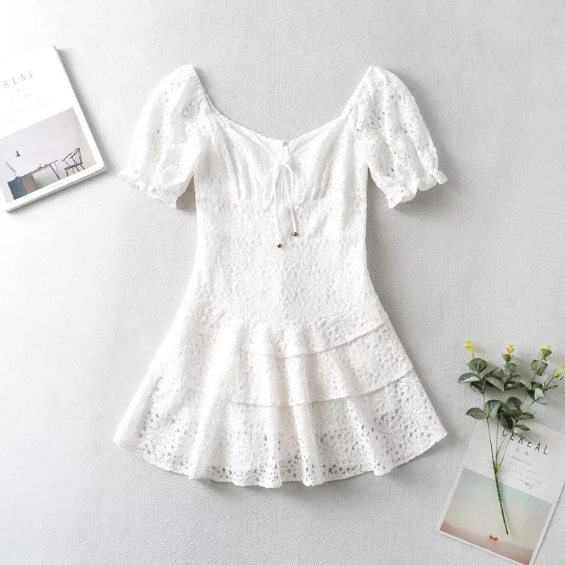 Lace Eyelet Puff Sleeve Lace Up Tiered Ruffle Mini Dress