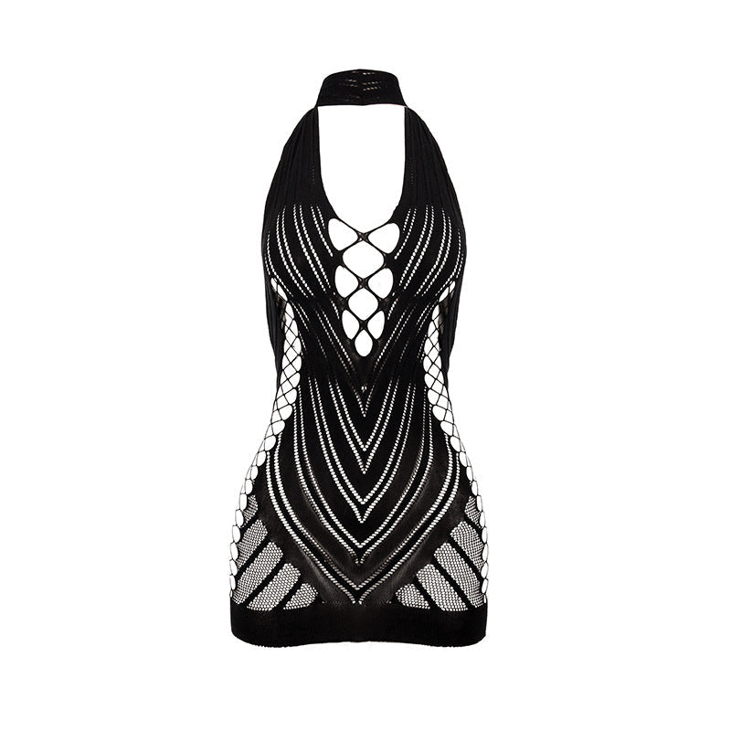 Summer Sexy Erotic Netting Wear Halter Backless Gauzy Package Hip Short Dress