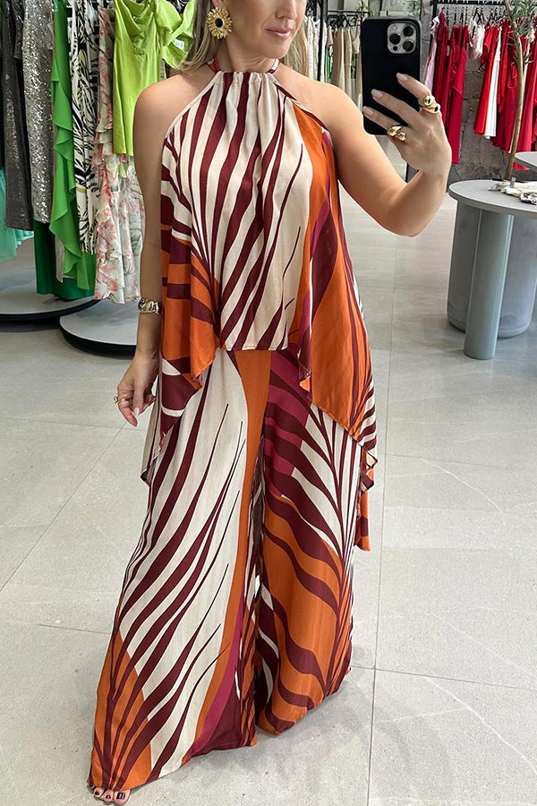 Summer Positioning Printed Long Sleeved Top Wide Leg Pants Two Piece Set Women Clothing