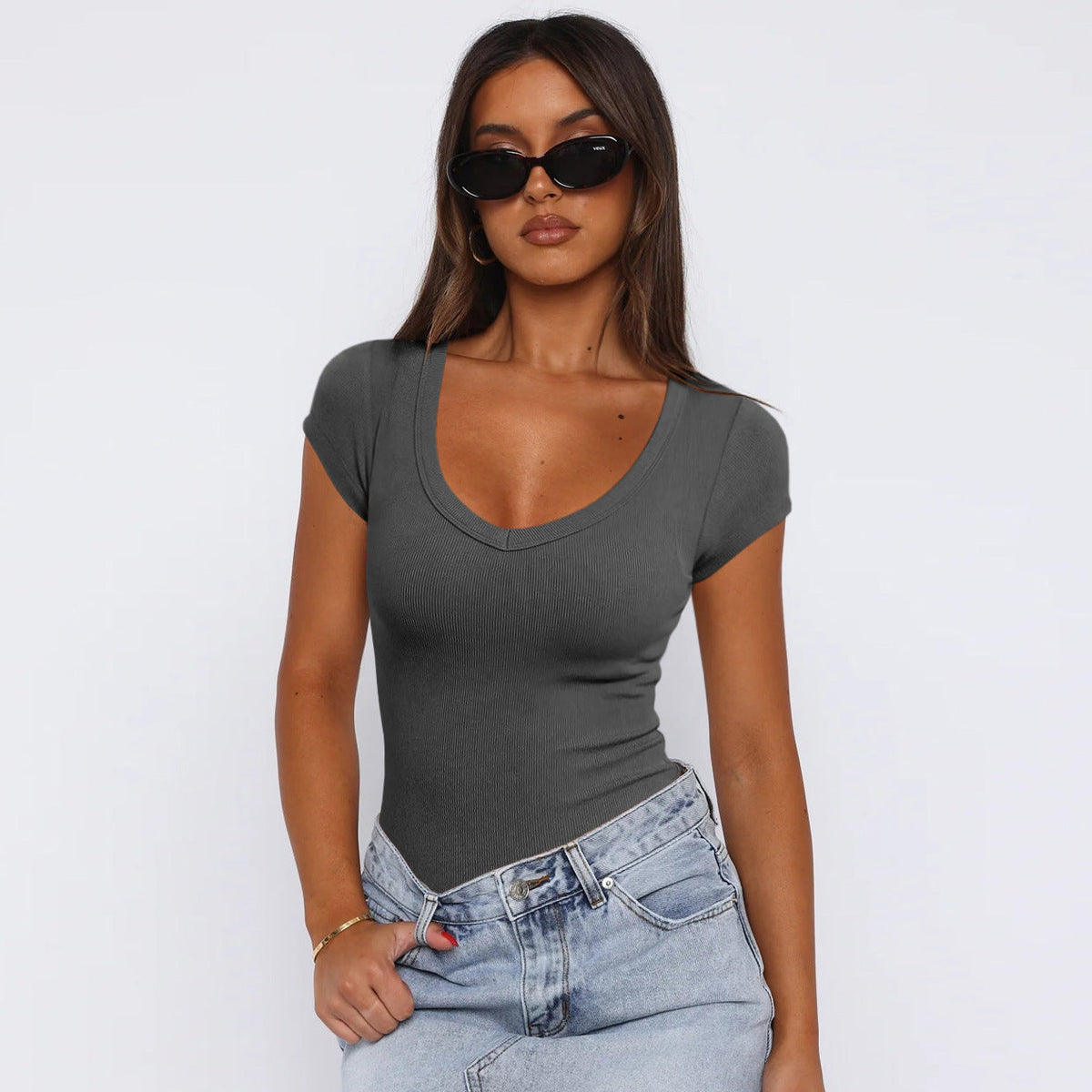 Thread Egg Shaped Collar Clothes Summer Slim Fit Short Sleeved T shirt Shoulder Top for Women
