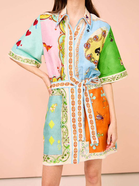 Women Casual Linen Printed Shirt Cardigan Wild Dress