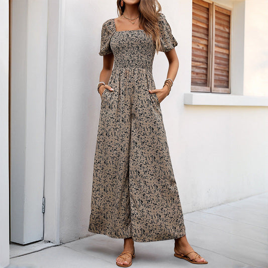 Women Summer Jumpsuit Square Collar Puff Sleeve Wide Leg Pants Printed Jumpsuit