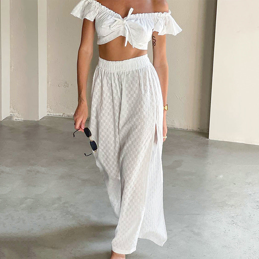 Summer Sexy Pants Set Women Ruffled Stitching Flying Sleeves Jacquard Slit