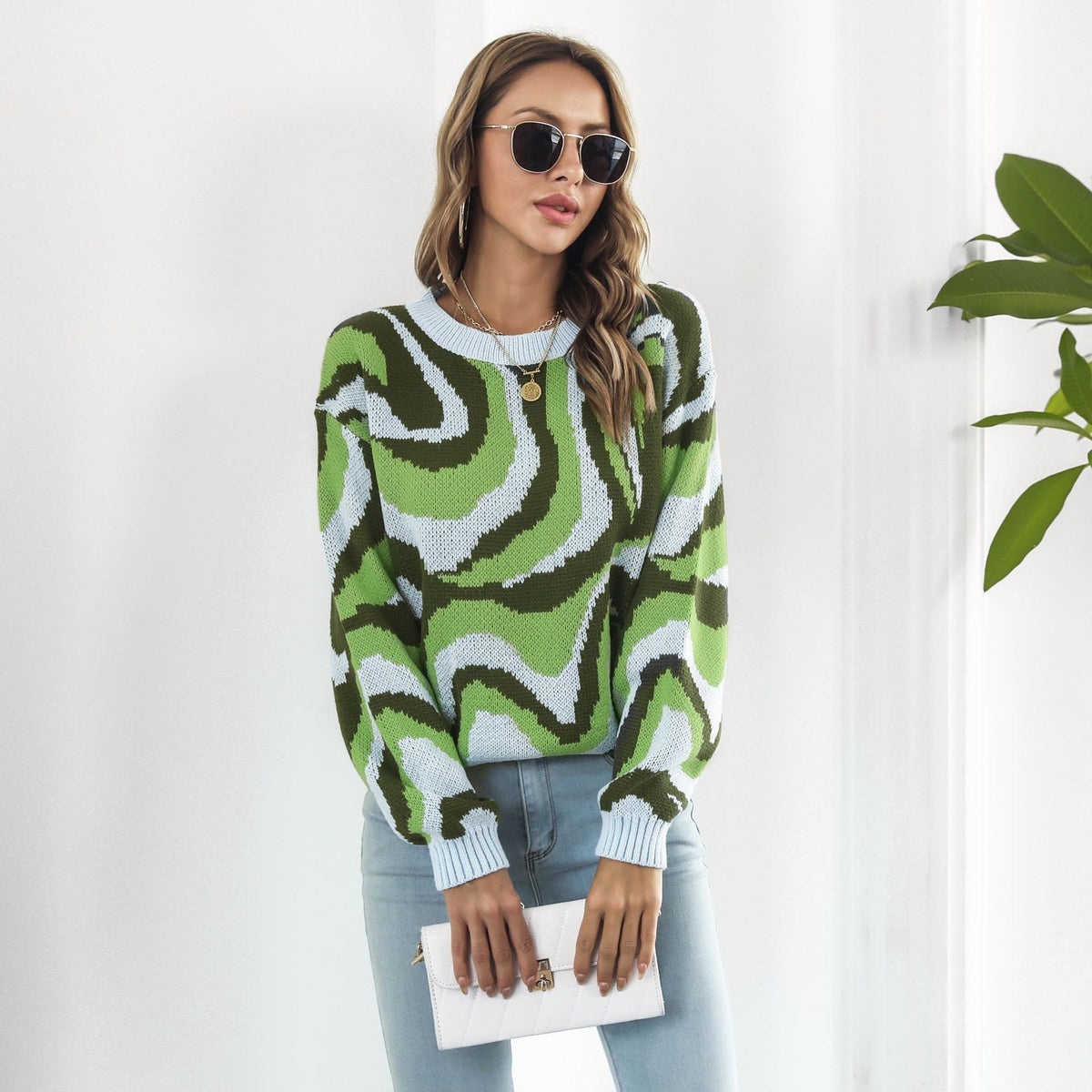 Tie Dyed Brocade Sweater Women Loose Autumn Winter Long-Sleeved Casual Knitwear Sweater