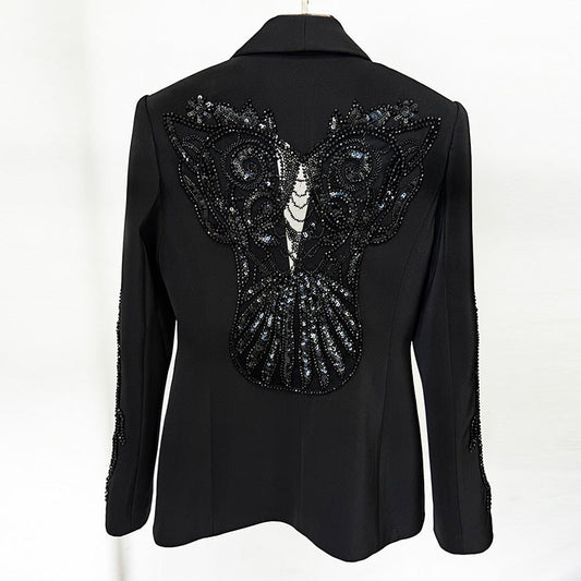 Spring Stars Mesh Patchwork Heavy Industry Beads Blazer Chiffon Trousers Two Piece Pant Sets